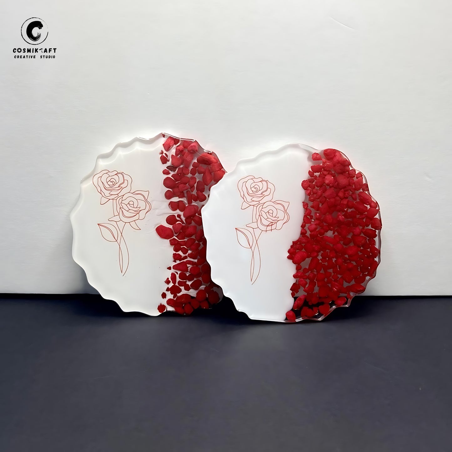 Handmade Red Rose & Stone Resin Coasters - Set of 2