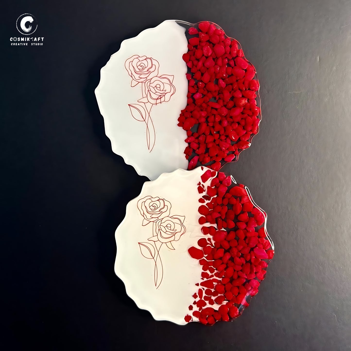 Handmade Red Rose & Stone Resin Coasters - Set of 2