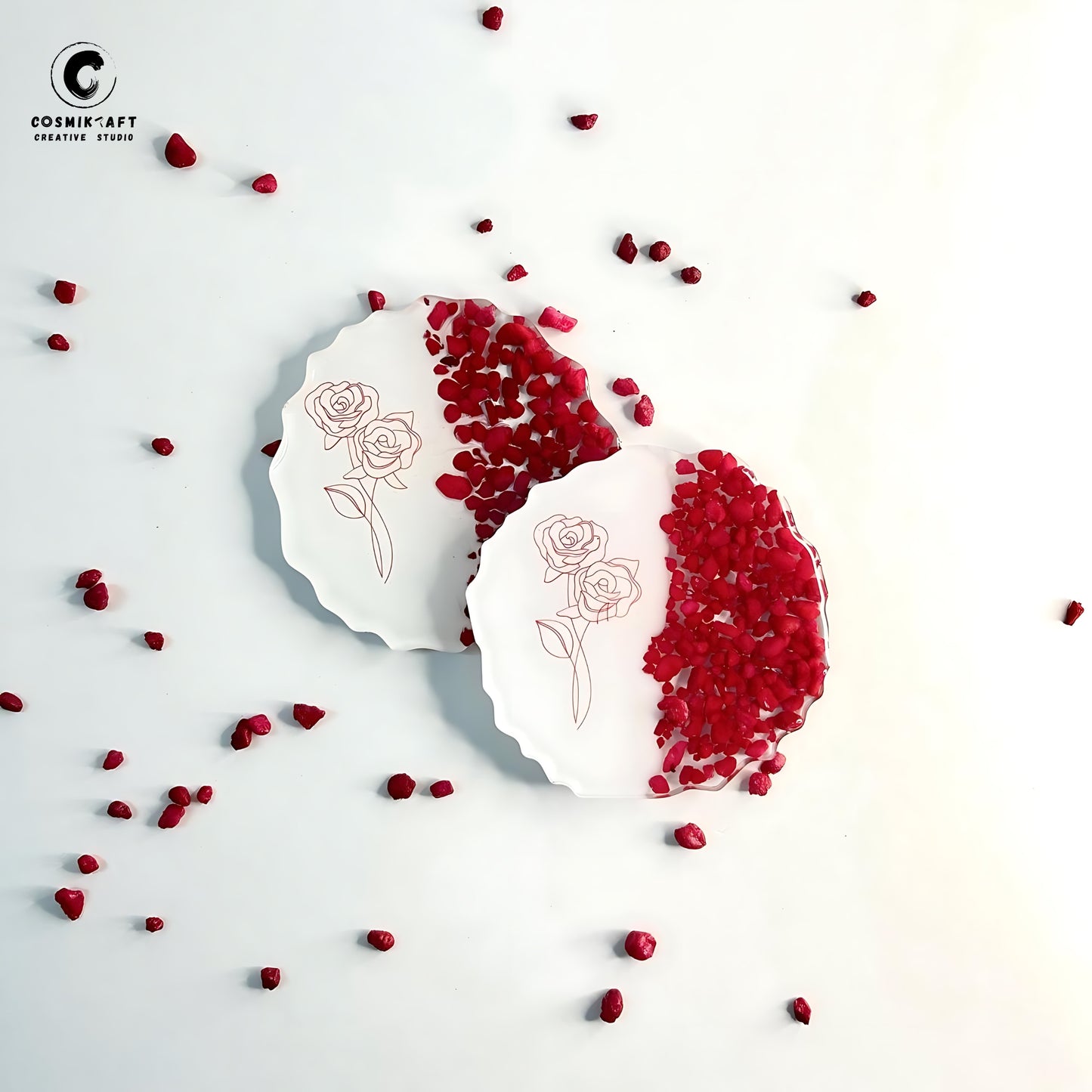 Handmade Red Rose & Stone Resin Coasters - Set of 2