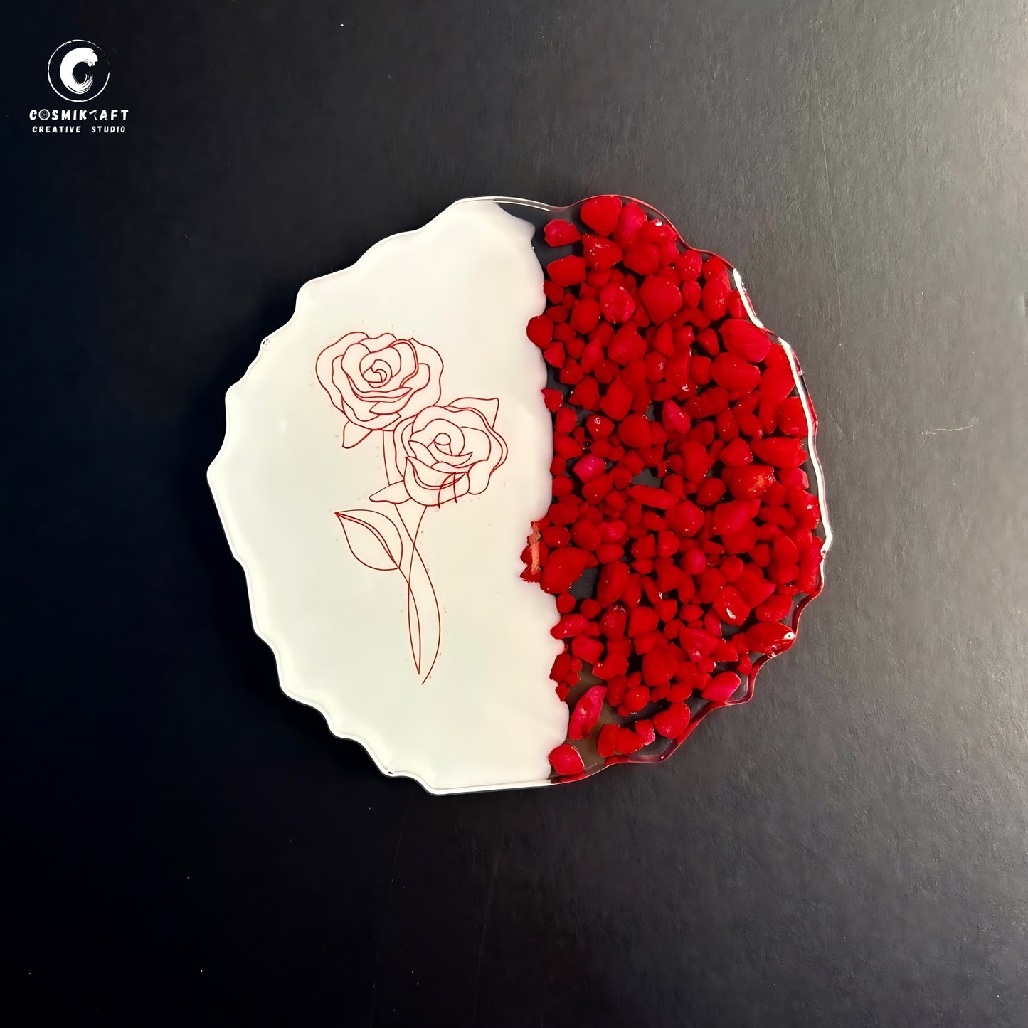 Handmade Red Rose & Stone Resin Coasters - Set of 2