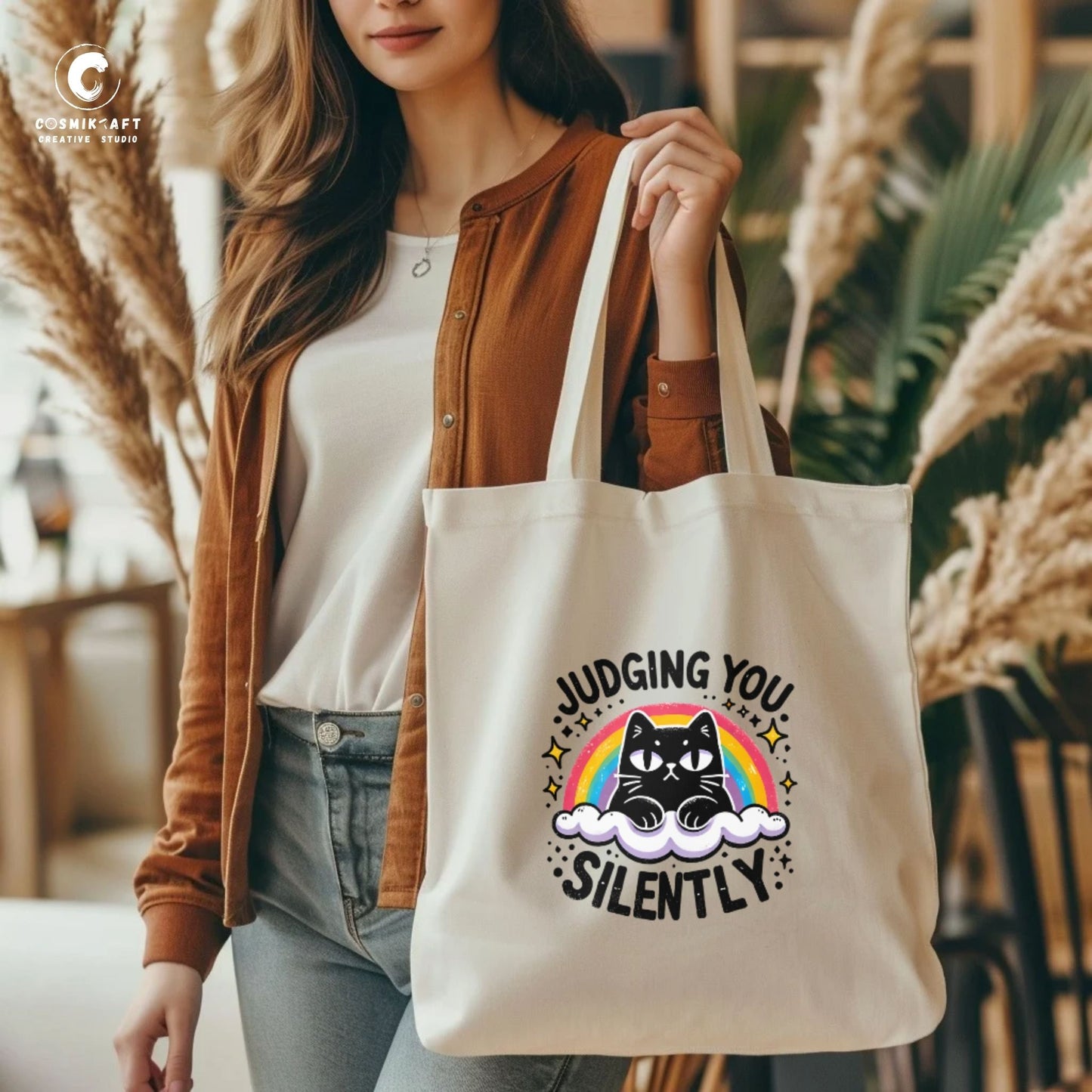CosmiKraft "Judging You Silently" Cat Tote Bag β Whimsical Cotton Bag for Cat Lovers