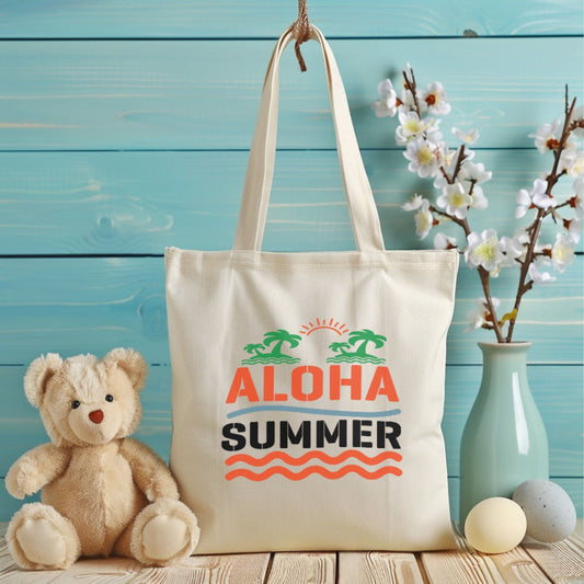 CosmiKraft Aloha Summer Tote Bag – Recycled Cotton, Eco-Friendly Canvas Bag (Natural Color)