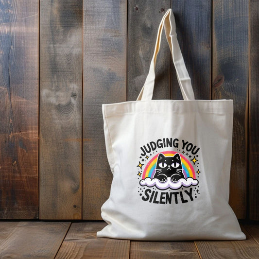 CosmiKraft "Judging You Silently" Cat Tote Bag – Whimsical Cotton Bag for Cat Lovers