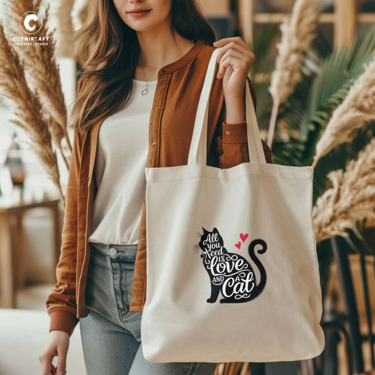 CosmiKraft "All You Need is Love and a Cat" Tote Bag – Eco Cotton Bag for Cat Lovers