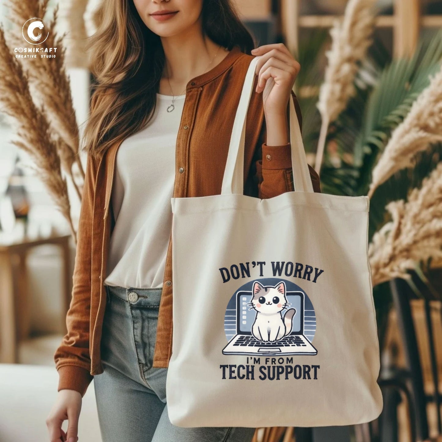 CosmiKraft Tech Support Cat Tote Bag – Eco Cotton Tote